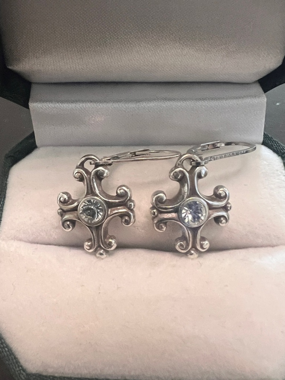 Brighton Silver Scroll Cross Earrings with Clear Stones